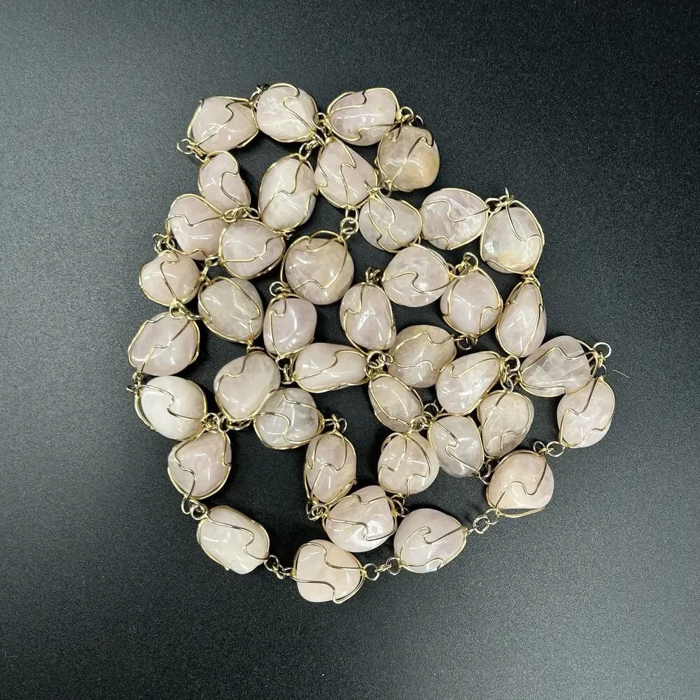 Genuine Rose Quartz Necklace 48” Long Pink Stone Wire Wrapped Statement
